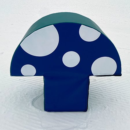 Kid's blue foam mushroom block on snow.. Click to expand image