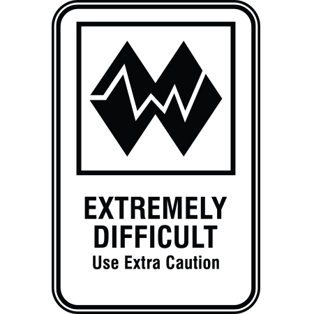 B156 12 x 18, Double Black Diamond Mountain Bike Trail Sign, Extremely Difficult, coroplast and 12 gauge sign grade aluminum sheeted with top quality, high performance print* or vinyl graphics, direct people in all trail systems, technical, cross-country, freeride, downhill, professional, difficulty levels, choose your symbol, custom, mountain bike risk and liability, safety, summer, trail, downhill.. Click to expand image