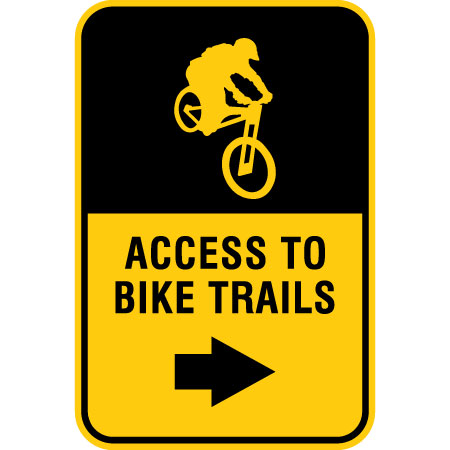 B604, 12 x 18, access to bike trails, Mountain bike risk and liability, safety, summer, trail, downhill, available on white or yellow coroplast and 12 gauge sign grade aluminum sheeted with top quality, high performance print* or vinyl graphics.. Click to expand image
