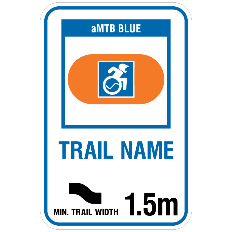 aMTB Blue - Intermediate features and steeper terrain. Signage for adaptive mountain biking freeride trails shows trail designation surrounded by an orange pill. The aMTB symbol indicates accessibility for adaptive bikes/riders on adaptive bike-friendly aMTB trails on trail networks.. Click to expand image