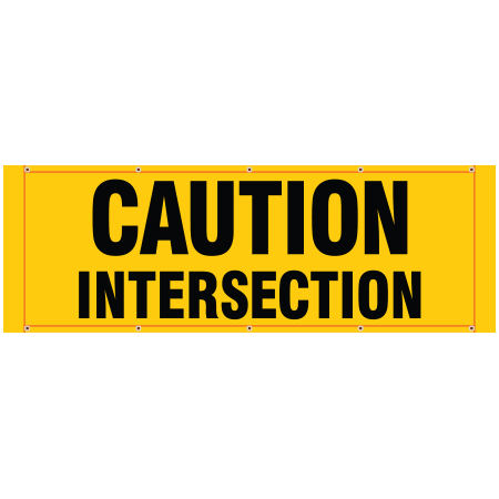 BH15 Caution Intersection, high visibility yellow mesh banner 84x30, tear and mildew resistant high tenacity polyester, coated with fade resistant bright yellow vinyl, grommets and sleeves on sides for bamboo poles. Click to expand image