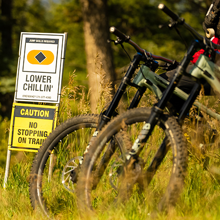 B406, 18 x 18, 12 x 12, caution no stopping on trail, Mountain bike risk and liability, safety, summer, trail, downhill, available on white or yellow coroplast and 12 gauge sign grade aluminum sheeted with top quality, high performance print* or vinyl graphics.. Click to expand image