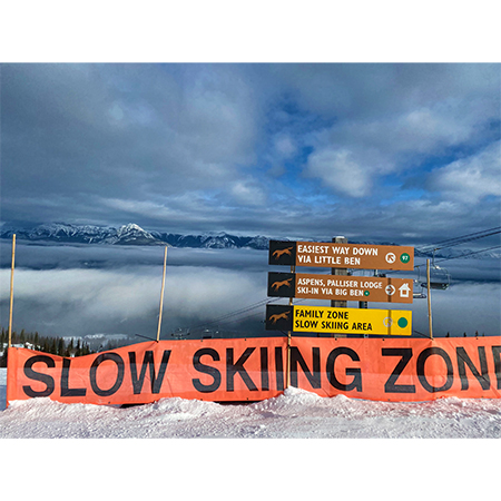 BL11 Slow Skiing Zone - Hi Vis Orange Banner Oversized 21' x 30", tear and mildew resistant high tenacity polyester, coated with fade resistant vinyl, grommets and sleeves on sides for bamboo poles.. Click to expand image