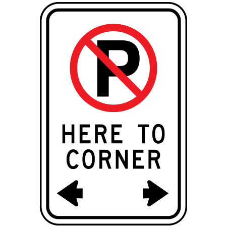 P-006 Here to corner two-way arrows, 12 x 18. Reflective aluminum, traffic and parking sign for all parks, recreational facilities, municipal, city, town. Rules and conditions of your specific area, jurisdiction, produced by Inter-Mtn.. Click to expand image