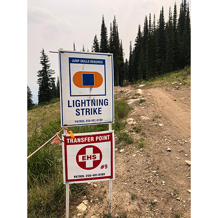 B502, 18 x 18, 12 x 12, transfer point, ehs, patrol phone, cell number, Mountain bike risk and liability, safety, summer, trail, downhill, available on white or yellow coroplast and 12 gauge sign grade aluminum sheeted with top quality, high performance print* or vinyl graphics.. Click to expand image