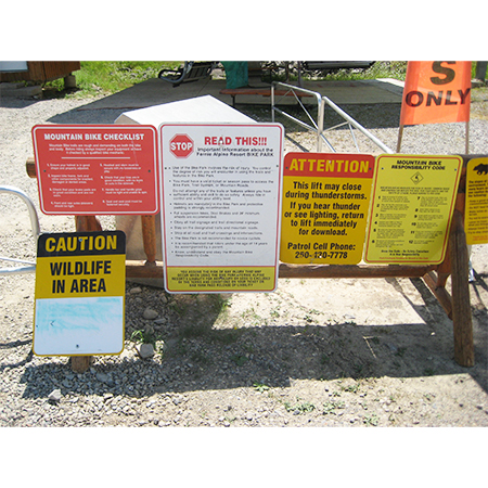 B701 B703 18" x 24" Aluminum Sign - Stop Read This Important Information about the Bike Park. White or yellow coroplast, 12 gauge sign grade aluminum sheeted with top quality prismatic reflective, high performance print or vinyl graphics, important information, liability, you assume the risk of injury, mountain bike, bike park, trail sign.. Click to expand image