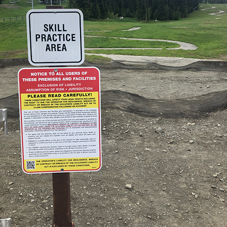 B501, 18 x 18, 12 x 12, skill practice area, Mountain bike risk and liability, safety, summer, trail, downhill, available on white or yellow coroplast and 12 gauge sign grade aluminum sheeted with top quality, high performance print* or vinyl graphics.. Click to expand image