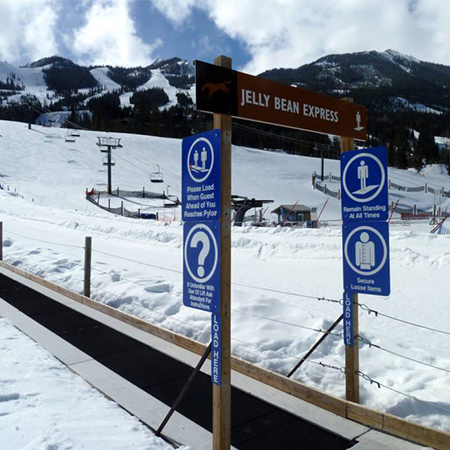L101 Load Here 4" x 18" Blue Reflective Aluminum lift sign for ski areas produced by Inter-Mtn.. Click to expand image