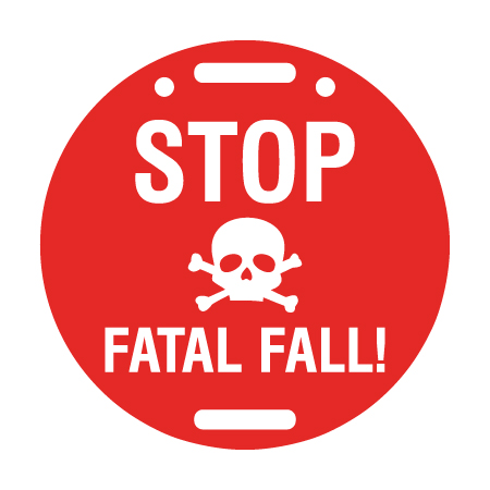 D57, 11.5 x 11.5, Stop Fatal Fall, red circle polythylene disc, UV protected and cost effective marking signs, holes on top to hang from rope, slots top and bottom to fit over bamboo poles, trail and ability markers.. Click to expand image