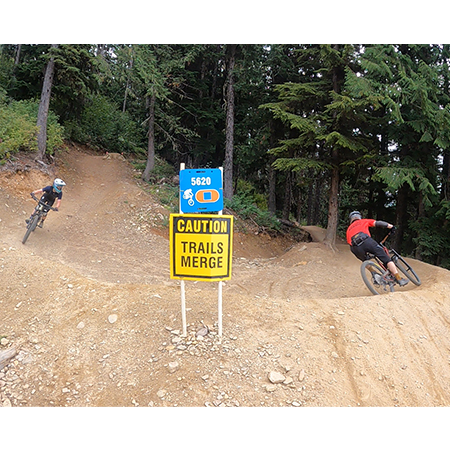 E151, 11.5 x 11.5, Freeride trail name, blue square polythylene disc, UV protected and cost effective marking signs, holes on top to hang from rope, slots top and bottom to fit over bamboo poles, trail and ability markers.. Click to expand image