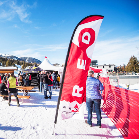 Wing banners are highly visible and portable instant advertising. Used for special events, ski races, kid centres, ski school, village accents, meeting places, mountain bike competitions, hotel entrances, golf courses, and tradeshows. Made by Inter-Mtn. Enterprises.. Click to expand image