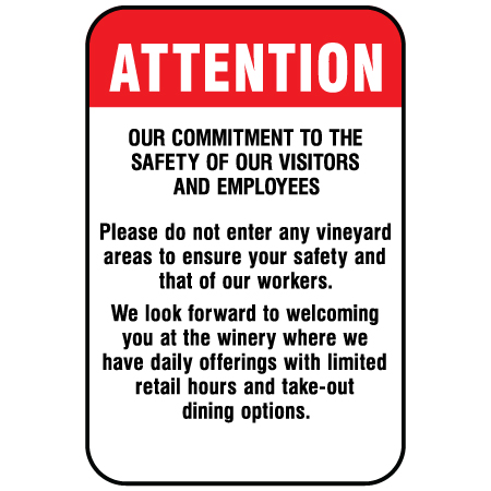 F145 Please Do Not Enter Any Vineyard Areas 12" x 18", white reflective aluminum physical distancing and covid sign with rounded corners - Inter-Mtn.. Click to expand image
