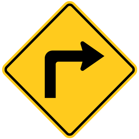 W-002 Warning sharp curve left or right, 24 x 24, 30 x 30. Reflective aluminum, traffic sign for all parks, recreational facilities, municipal, city, town. Rules and conditions of your specific area, jurisdiction, produced by Inter-Mtn.. Click to expand image