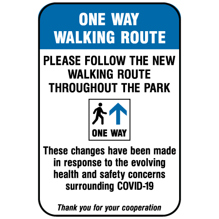 F149 One Way Walking Route 12" x 18" Aluminum, white reflective aluminum physical distancing and covid sign with rounded corners - Inter-Mtn.. Click to expand image