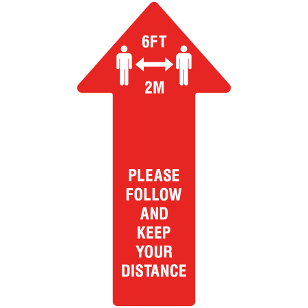 F001 Please Follow and Keep Your Distance, 6ft / 2m Arrow Floor Decal - 12" x 24" High Performance Red Printed Vinyl with Protective Laminate Physical Distancing Floor Decal for Interior or Exterior Application - produced by Inter-Mtn.. Click to expand image