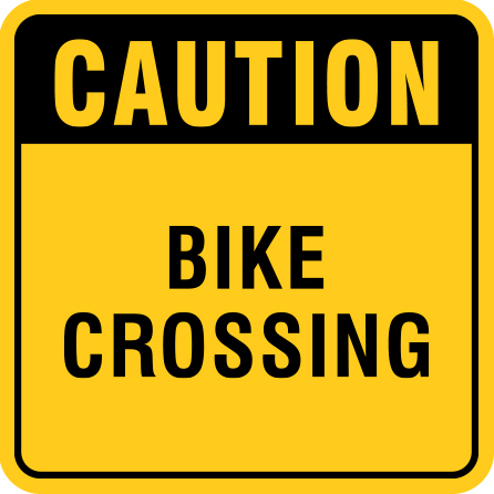 B423, 18 x 18, 12 x 12, caution bike crossing, Mountain bike risk and liability, safety, summer, trail, downhill, available on white or yellow coroplast and 12 gauge sign grade aluminum sheeted with top quality, high performance print* or vinyl graphics.. Click to expand image