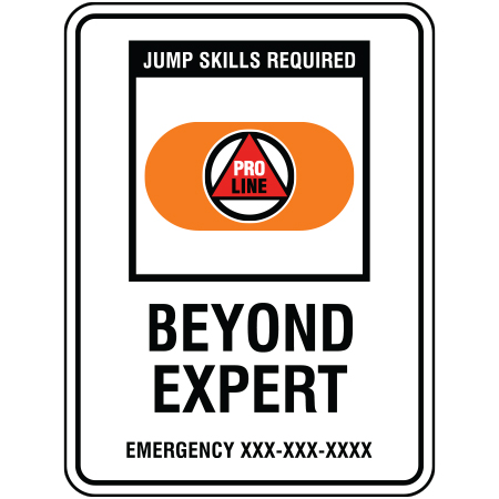 B218 18 x 24, Pro Line Freeride Mountain Bike Trail Sign, Beyond Expert / Emergency #, coroplast and 12 gauge sign grade aluminum sheeted with top quality, high performance print* or vinyl graphics, direct people in all trail systems, technical, cross-country, freeride, downhill, professional, difficulty levels, choose your symbol, custom, mountain bike risk and liability, safety, summer, trail, downhill.. Click to expand image