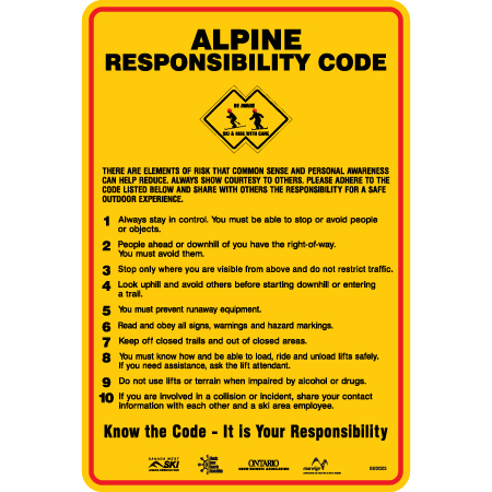 H603 24" x 36" Alpine Responsibility Code (Canadian), yellow reflective aluminum liability sign with rounded corners - ski area sign - Inter-Mtn.. Click to expand image