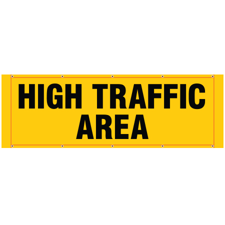 BH37 High Traffic Area, high visibility yellow mesh banner 84x30, tear and mildew resistant high tenacity polyester, coated with fade resistant bright yellow vinyl, grommets and sleeves on sides for bamboo poles. Click to expand image