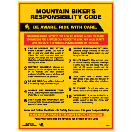 B702 18" x 24", Mountain Bike Responsibility Code Ontario, coroplast, 12 gauge sign grade aluminum sheeted with top quality prismatic reflective, high performance print or vinyl graphics, important information, liability, you assume the risk of injury, mountain bike, bike park, trail sign.. Click to expand image