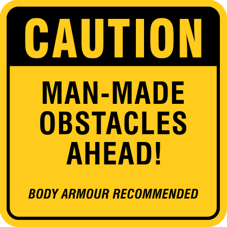 B400, 18 x 18, 12 x 12, caution man-made obstacles ahead, body armour recommended, Mountain bike risk and liability, safety, summer, trail, downhill, available on white or yellow coroplast and 12 gauge sign grade aluminum sheeted with top quality, high performance print* or vinyl graphics.. Click to expand image