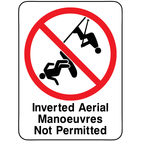 T07a 18" x 24" (actual size 30x45cm) Aluminum Sign - Inverted Aerial Manoeuvers not Permitted, white reflective aluminum terrain park sign with rounded corners - ski area sign - Inter-Mtn.. Click to expand image