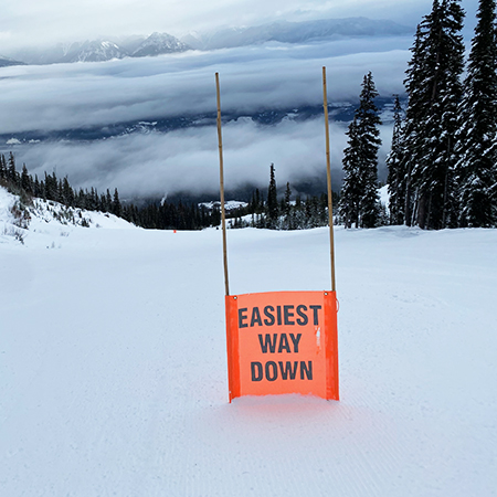 BS07 Easiest Way Down, high visibility orange square mesh banner 30x30, high visibility orange mesh banner 84x30, tear and mildew resistant high tenacity polyester, coated with fade resistant high vis orange vinyl, grommets and sleeves on sides for bamboo poles.. Click to expand image
