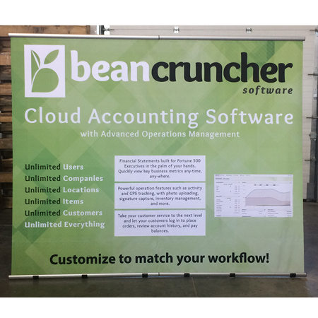 Tradeshow walls and stands are quick and easy assembly, interchangeable skins are all made with non-curling fabric, including full size exhibition backdrops - Inter-Mtn. Enterprises.. Click to expand image
