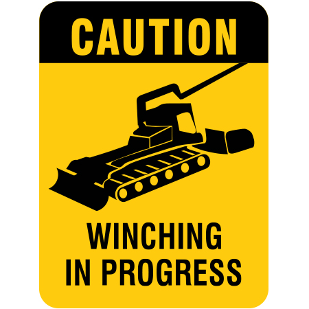 H504 18" x 24" Caution Winching in Progress, yellow reflective aluminum closure sign with rounded corners - ski area sign - Inter-Mtn.. Click to expand image