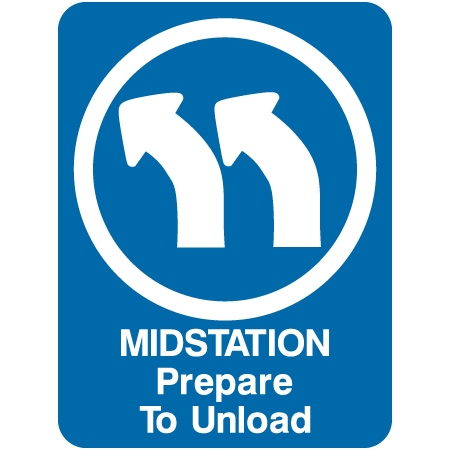 L310 Midstation Prepare to Unload (Left Directional Arrow) 18" x 24" Blue Reflective Aluminum lift sign for ski areas - produced by Inter-Mtn.. Click to expand image