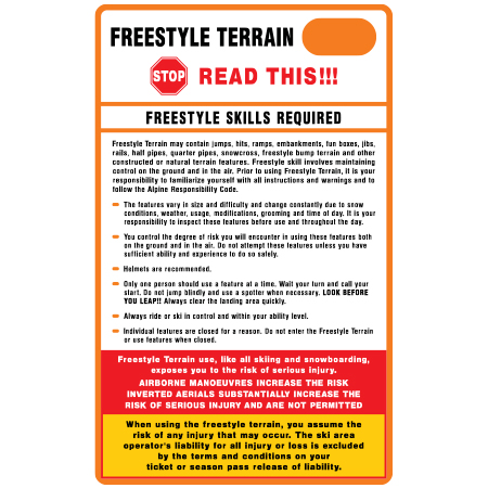 T01 36" x 58" Freestyle Terrain - Stop Read This Canadian Version, white reflective aluminum terrain park sign with rounded corners - ski area sign - Inter-Mtn.. Click to expand image