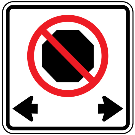 P-058 No stopping with two-way arrows, 12 x 12, 18 x 18, 24 x 24. Reflective aluminum, traffic and parking sign for all parks, recreational facilities, municipal, city, town. Rules and conditions of your specific area, jurisdiction, produced by Inter-Mtn.. Click to expand image