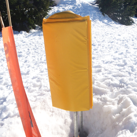 Sectional Hydrant Pad 4' x 4' - 12" Back Panel and 2 x 18" Side Panels with 2 " Foam - Yellow 18oz Vinyl.. Click to expand image