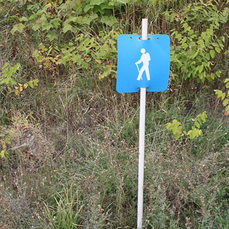 E121, 11.5 x 11.5, hiking graphic, blue square polythylene disc, UV protected and cost effective marking signs, holes on top to hang from rope, slots top and bottom to fit over bamboo poles, trail and ability markers.. Click to expand image