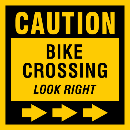 B422, 18 x 18, 12 x 12, caution bike crossing look right, Mountain bike risk and liability, safety, summer, trail, downhill, available on white or yellow coroplast and 12 gauge sign grade aluminum sheeted with top quality, high performance print* or vinyl graphics.. Click to expand image
