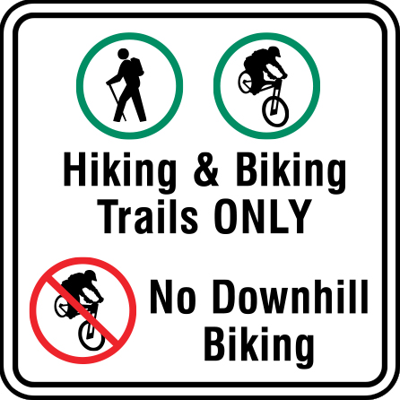 B507, 18 x 18, 12 x 12, hiking and biking trails only, no downhill biking, Mountain bike risk and liability, safety, summer, trail, downhill, available on white or yellow coroplast and 12 gauge sign grade aluminum sheeted with top quality, high performance print* or vinyl graphics.. Click to expand image