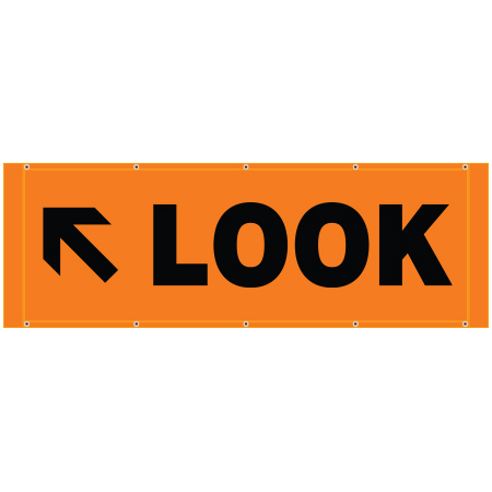 BH07 Look Left Arrow, high visibility orange mesh banner 84x30, tear and mildew resistant high tenacity polyester, coated with fade resistant high vis orange vinyl, grommets and sleeves on sides for bamboo poles. Click to expand image
