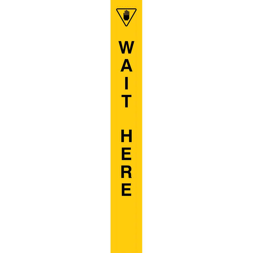 Wait Here with hand symbol - Yellow Vertical Vinyl Pole Banner 5" x 40" for ski areas and lift access mountain biking at a lift loading area. Click to expand image