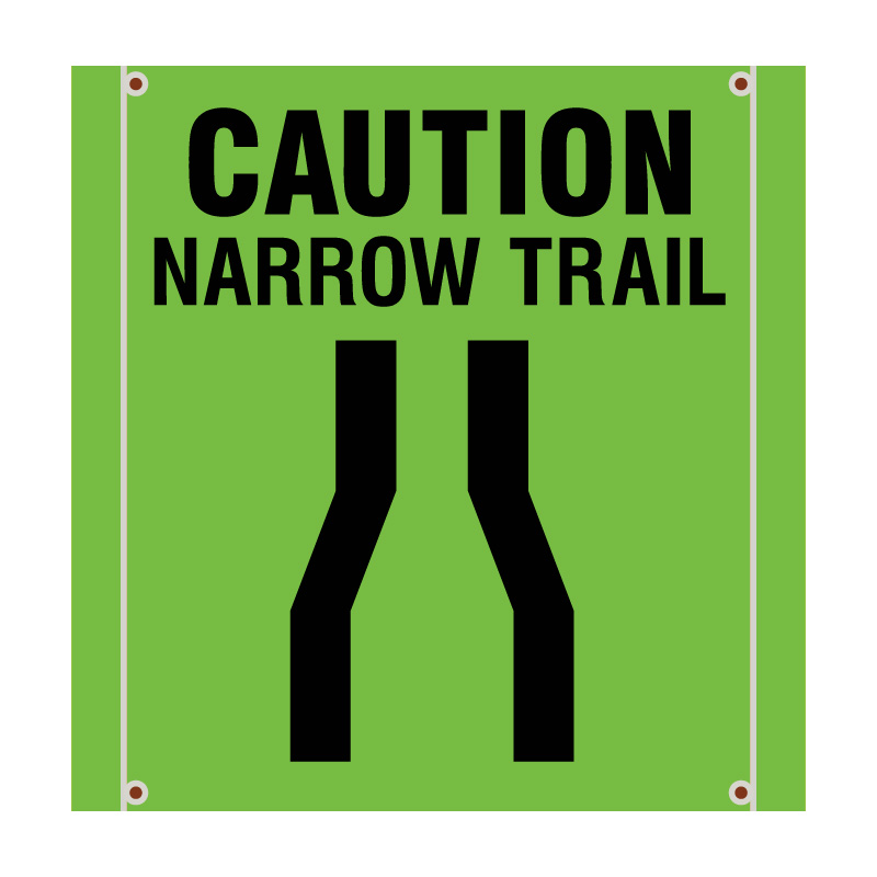 Caution Trails Merge - square  banner for Ski Resorts, Bike Parks, and outdoor recreation. Made of hi vis mesh, tear and mildew resistant high tenacity polyester, coated with fade resistant high vis green vinyl, grommets and sleeves on sides for bamboo poles. Click to expand image