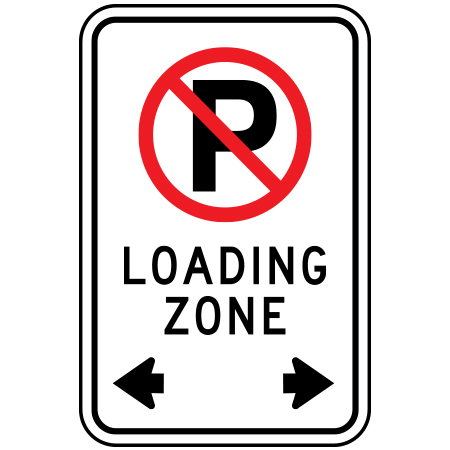 P-003 No loading zone two-way arrows, 12 x 18. Reflective aluminum, traffic and parking sign for all parks, recreational facilities, municipal, city, town. Rules and conditions of your specific area, jurisdiction, produced by Inter-Mtn.. Click to expand image
