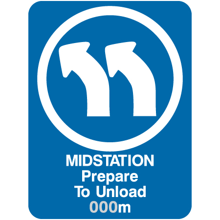 L311 Midstation Prepare to Unload (Left Directional Arrow) Provide distance and arrow direction 18" x 24" Blue Reflective Aluminum lift sign for ski areas - produced by Inter-Mtn.. Click to expand image