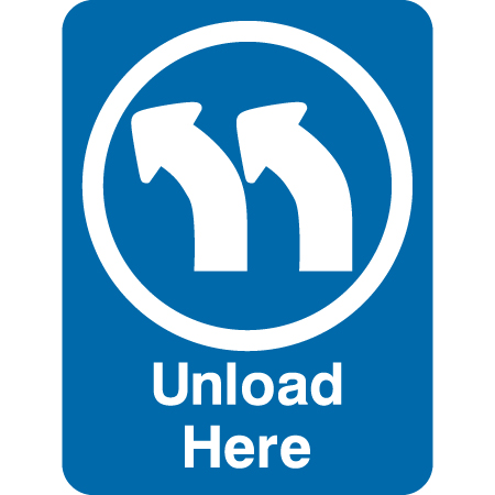 Z15 Unload Here - Left 18" x 24", blue reflective aluminum CSA - Z98 sign with rounded corners - ski area sign - Inter-Mtn.. Click to expand image