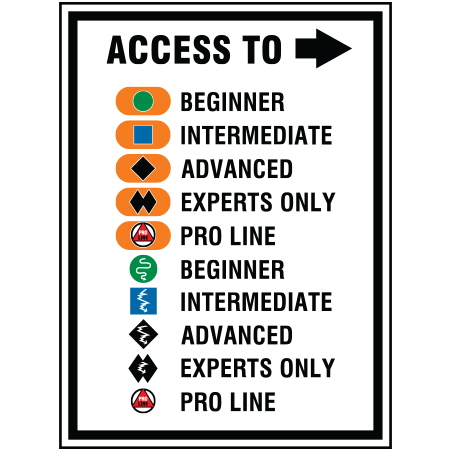 B805 Access To 18 x 24, White coroplast, 12 gauge sign grade aluminum sheeted with top quality prismatic reflective, high performance print or vinyl graphics, important information, liability, you assume the risk of injury, mountain bike, bike park, trail sign.. Click to expand image
