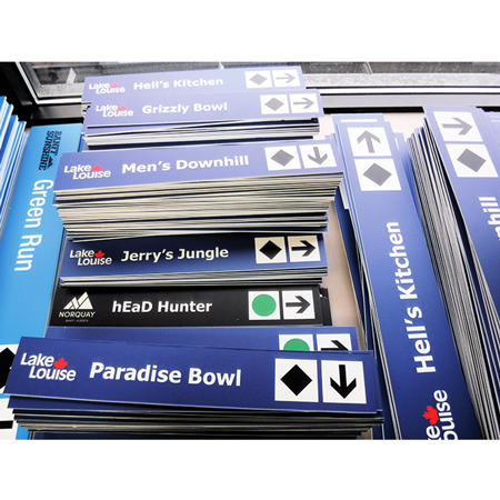 Mini replicas of on mountain trail signs, perfect for retail stores, member giveaways, trophies or staff names. Available on aluminum, dibond, PVC, magnets, or as a decal - Inter-Mtn. Enterprises.. Click to expand image