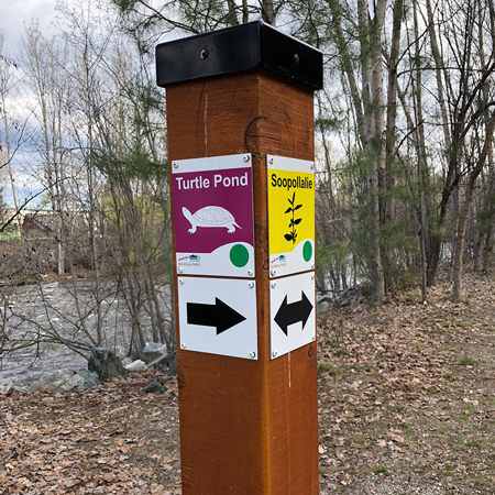 Trail markers are available in a variety of shapes and sizes and allow for double sided messaging. Add logos and branding.. Click to expand image