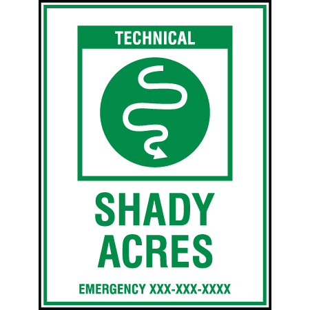 B220 18 x 24, Green Technical Mountain Bike Trail Sign, Shady Acres, Emergency #, coroplast and 12 gauge sign grade aluminum sheeted with top quality, high performance print* or vinyl graphics, direct people in all trail systems, technical, cross-country, freeride, downhill, professional, difficulty levels, choose your symbol, custom, mountain bike risk and liability, safety, summer, trail, downhill.. Click to expand image