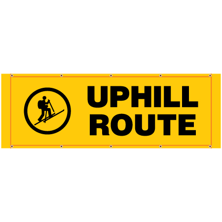 Uphill Route banner on yellow banner for ski resorts with pole pockets and grommets. Click to expand image