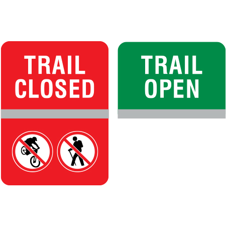 R500 Trail Closed, Trail Open, 18 x 24 Flip Sign, reflective aluminum, hiking and biking message for all parks and recreational facilities. Rules, conditions, and instructions of your specific area, jurisdiction, produced by Inter-Mtn.. Click to expand image