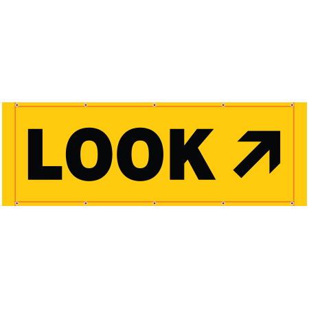 BH07 Look Right Arrow, high visibility yellow mesh banner 84x30, tear and mildew resistant high tenacity polyester, coated with fade resistant bright yellow vinyl, grommets and sleeves on sides for bamboo poles. Click to expand image
