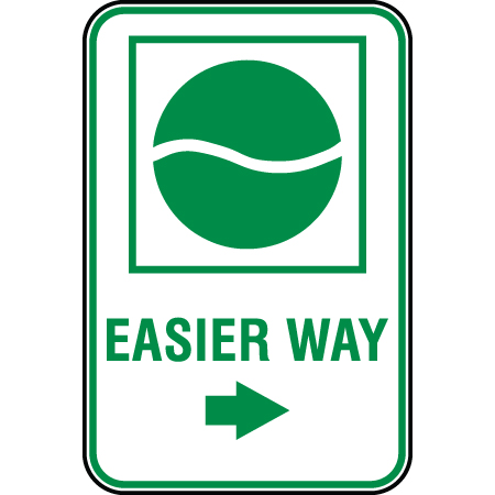 B151 12 x 18, Green Mountain Bike Trail Sign, Easier Way with Arrow, coroplast and 12 gauge sign grade aluminum sheeted with top quality, high performance print* or vinyl graphics, direct people in all trail systems, technical, cross-country, freeride, downhill, professional, difficulty levels, choose your symbol, custom, mountain bike risk and liability, safety, summer, trail, downhill.. Click to expand image